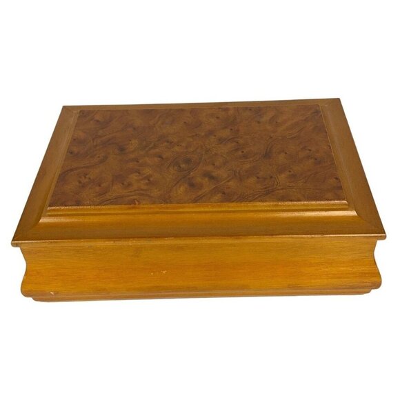 Blonde Wood Jewelry Box Burl Veneer Lid 2 Tiers Velvet Lining Mirror 1980s - Picture 2 of 10